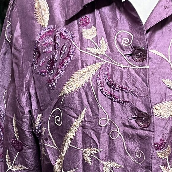 Vtg Floral Embroidered Beaded Purple Silk Button Up Jacket Spiegel Med Statement - Picture 4 of 11